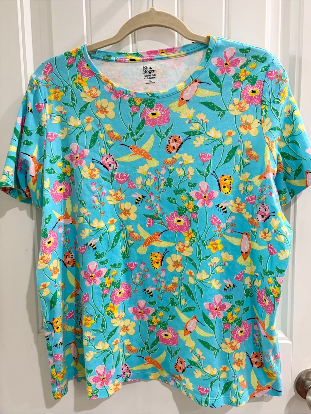 Kim Rogers “Perfectly Soft” Aqua Floral with butterflies, bees, hummingbirds XL